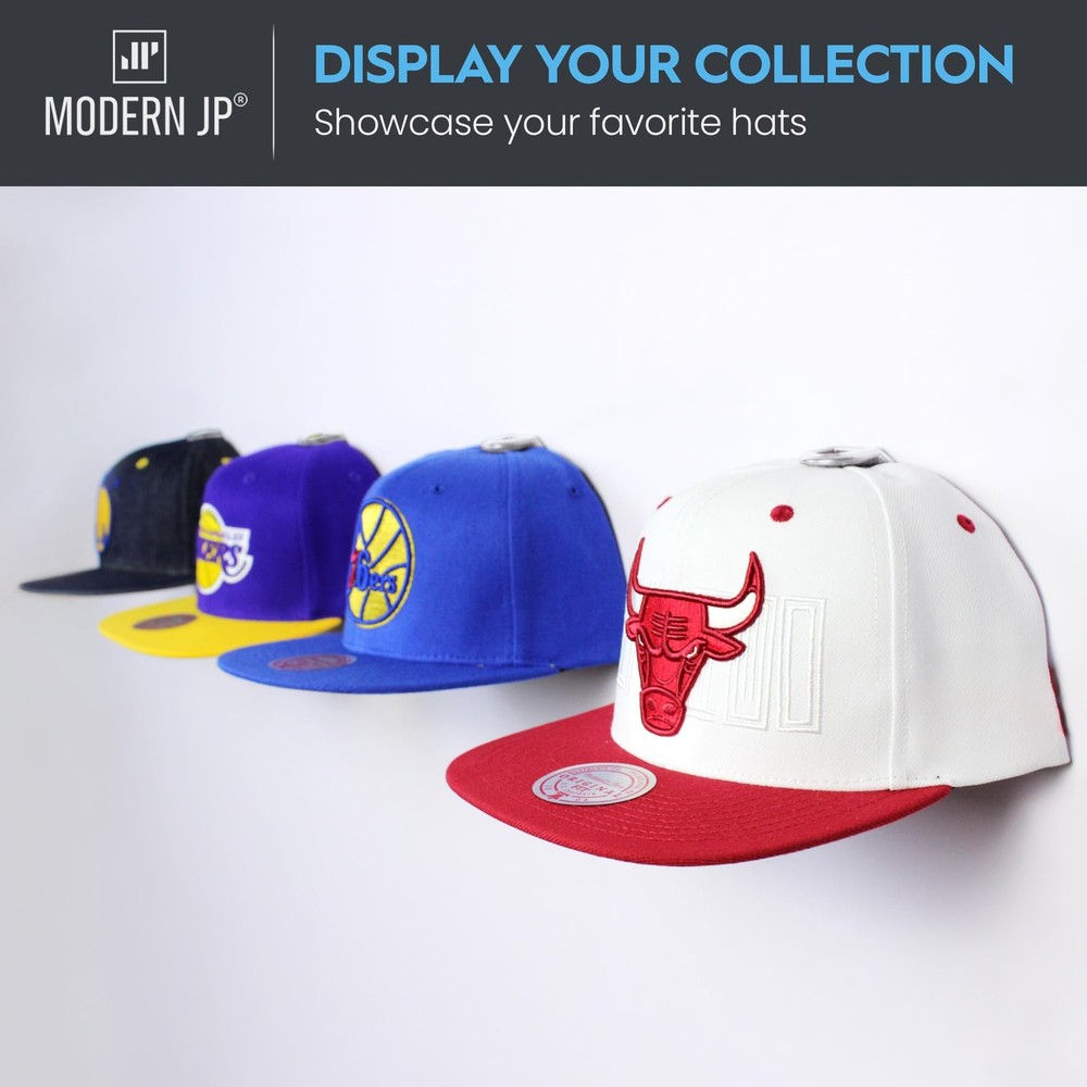 Modern JP Adhesive Hat Hooks for Wall 8-Pack - Hat Rack for Baseball Caps,