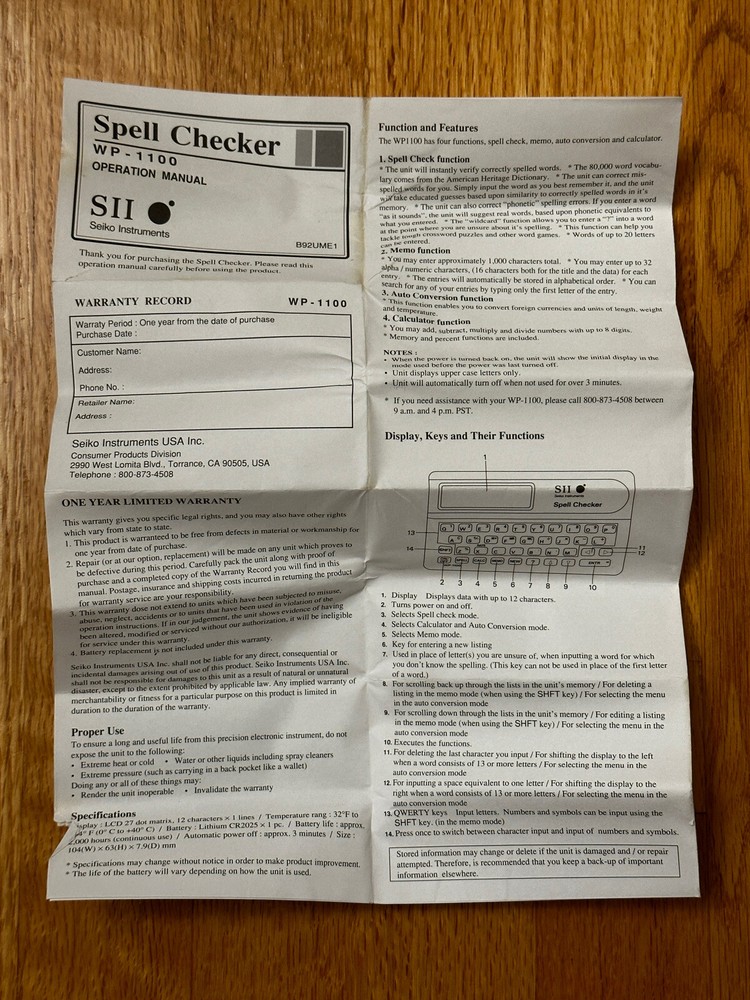 Seiko Instruments SII Spell Checker WP 1100