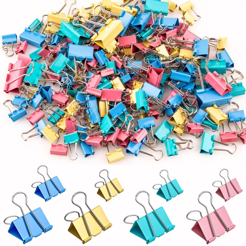 200 Count Colored Binder Clips Assorted Sizes, 4 Sizes 4 Colorful