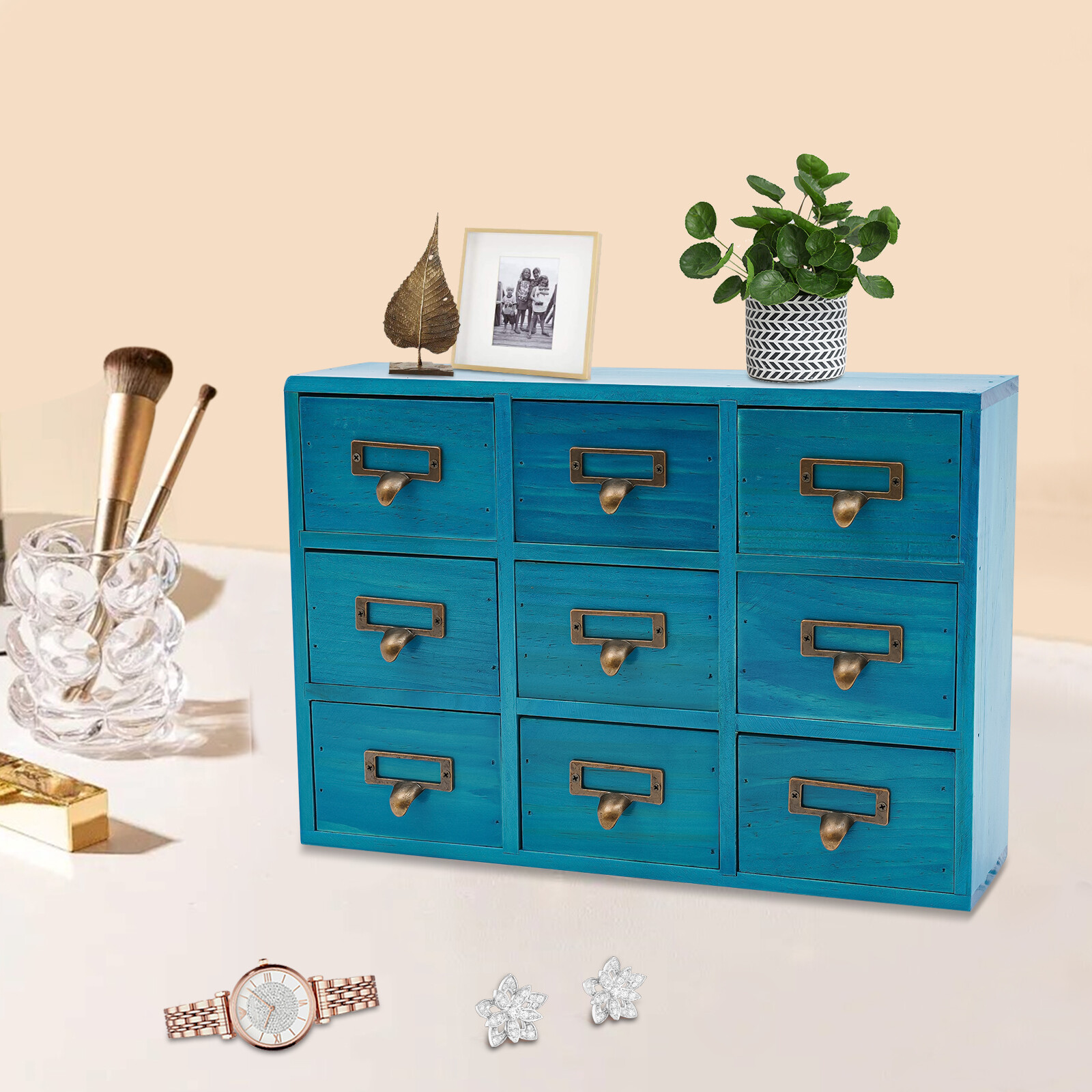 9 Drawers Apothecary Cabinet Case Wooden Desk Drawer Organizer Herb Storage Box