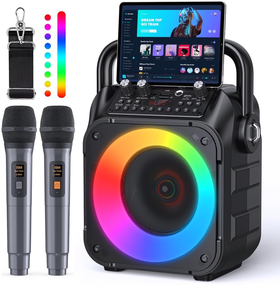 Portable Karaoke Machine with Bluetooth Speaker & 2 Wireless Microphones - Light