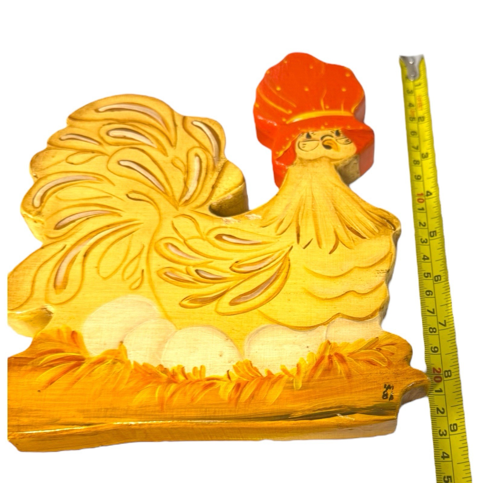 Vintage 80s Wooden Hen Wall Art Anamorphic Animals Pair Glazed Hand Painted