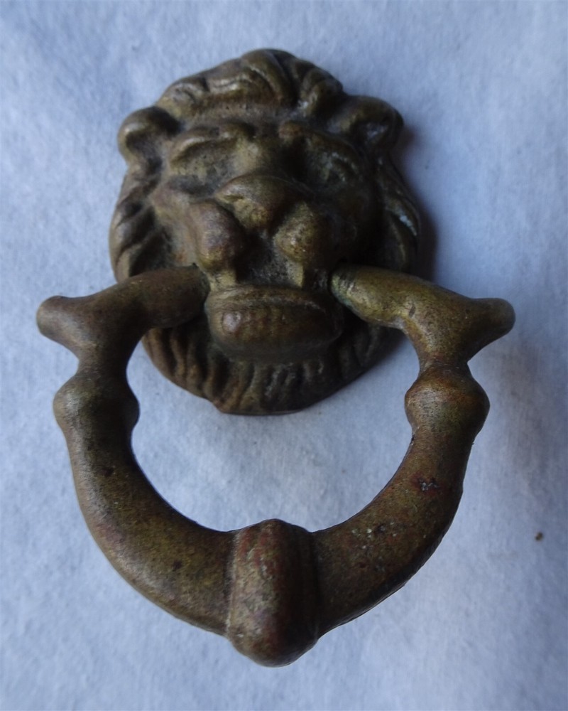 Antique Solid Brass Door Knocker Style Ring Drawer Pull with Lion's Face, as is