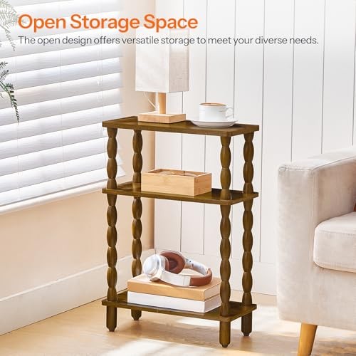 Narrow End Table, 3-Tier Small Side Table with Solid Wood Legs, Skinny Walnut