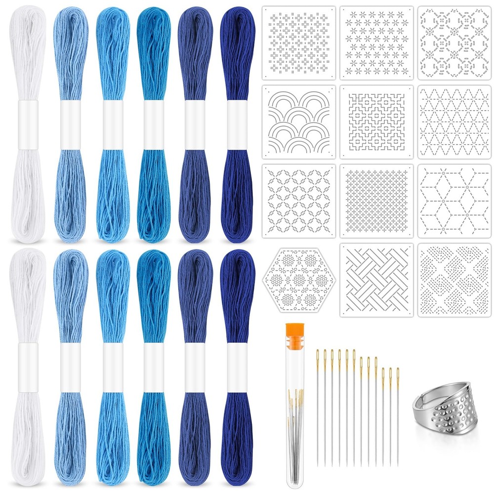 37 Pcs Sashiko Thread Kit Sashiko Needles Cotton Thimble Sashiko Patterns Emb...