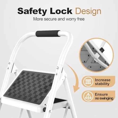 2 Step Ladder,2 Step Stool for Adults Folding Step Stool with 2-Step White