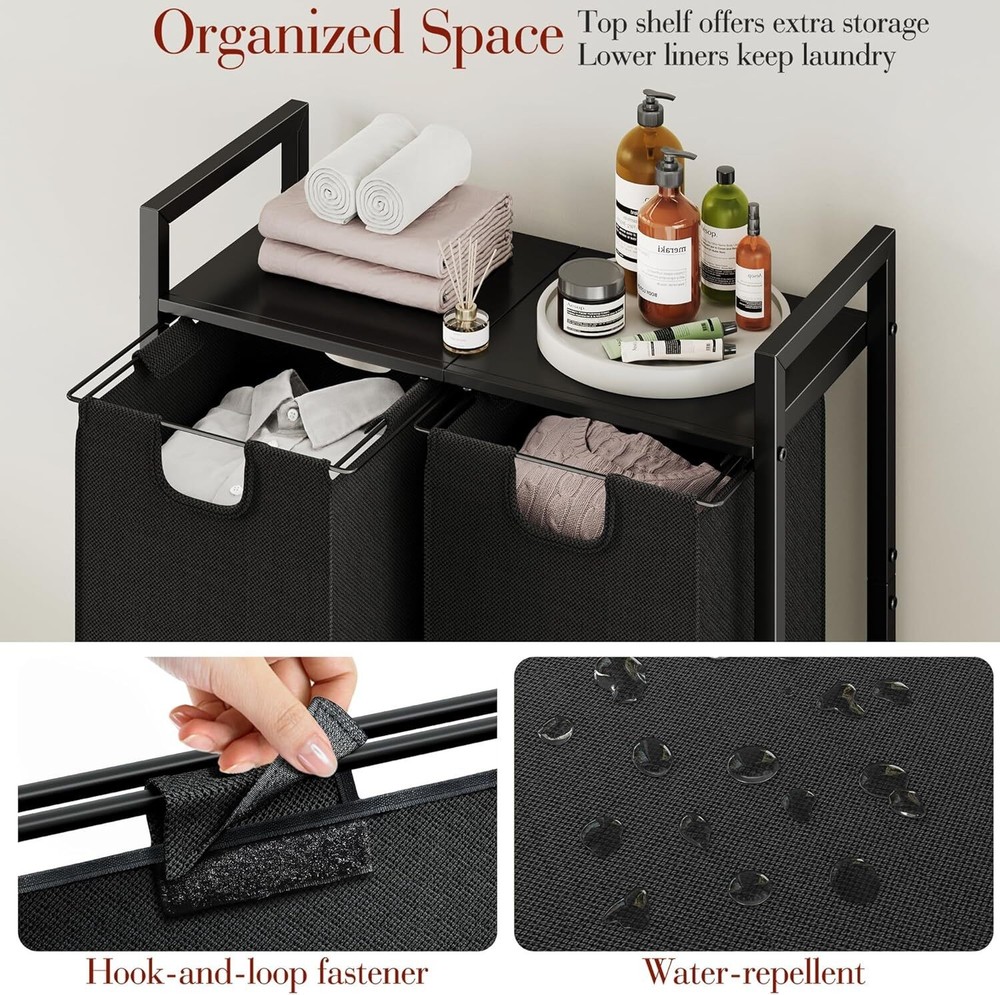 Laundry Basket Organizer Laundry Hamper with Shelf & 2 Pull-Out Removable Bags