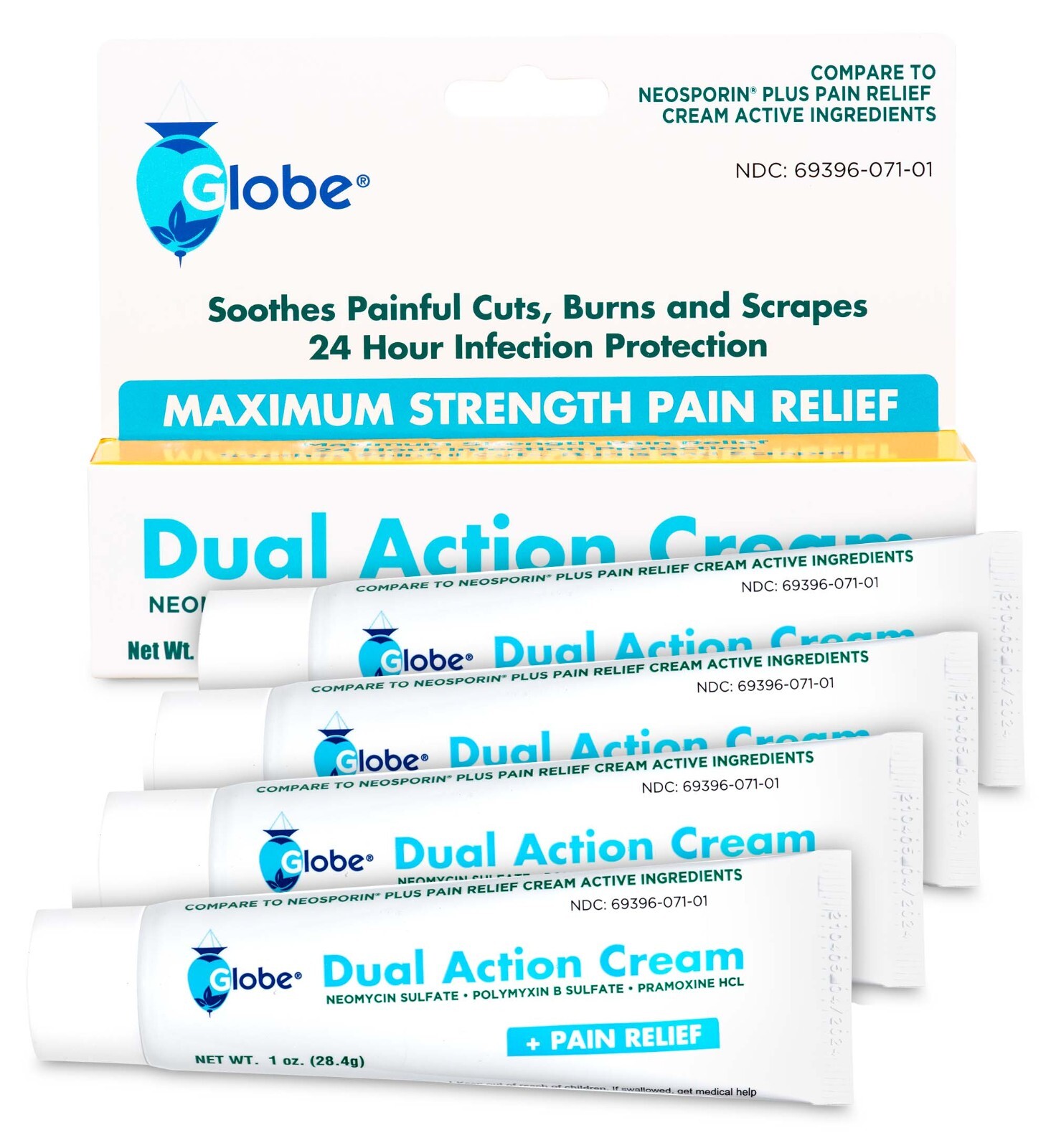 Globe Triple Antibiotic+Pain Relief Cream 1 oz (Compare to Neosporin) (4 Pack)