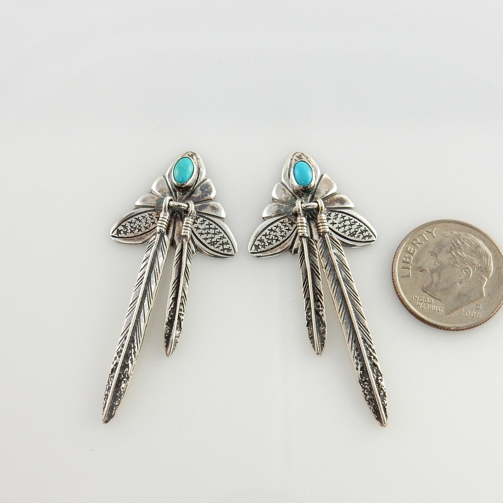 Handmade Sterling Silver Blue Turquoise Feather Post Earrings