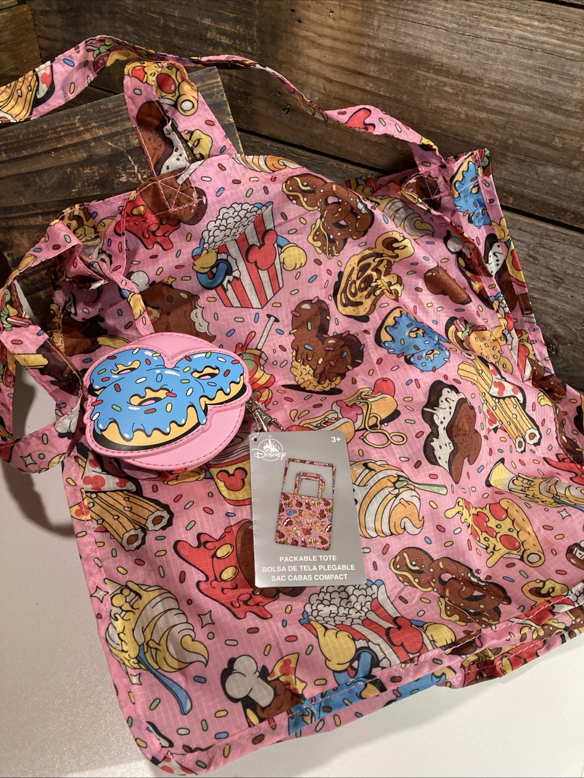 Disney Parks Packable Tote & Holder 2025 Mickey Mouse Snacks Donuts Delights NWT