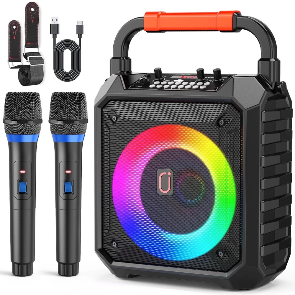 Karaoke Machine w/2 Wireless Microphone-Portable Bluetooth Speaker