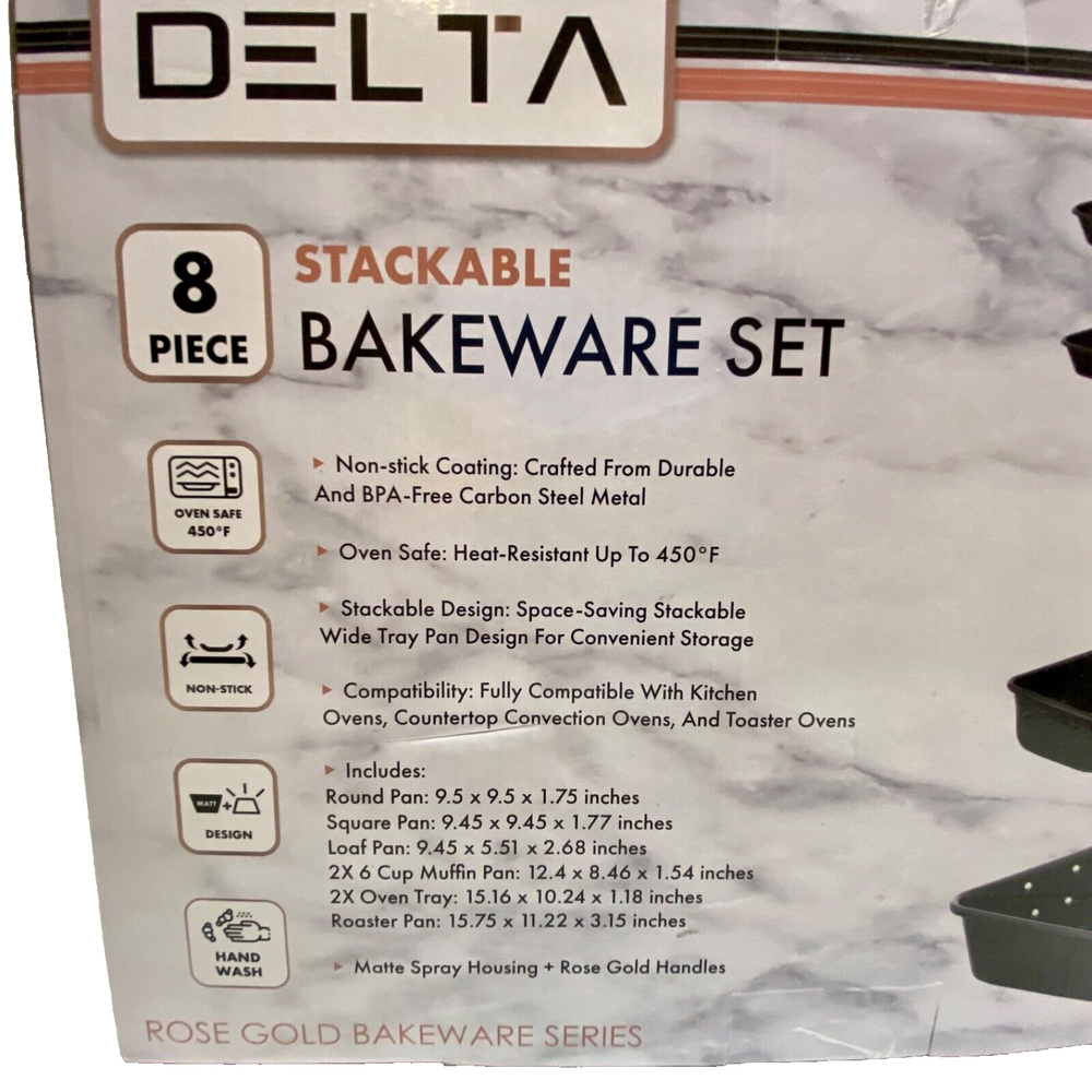 Delta 8 Piece Nonstick Stackable Bakeware Set Matte Black Rose Gold Trim NIB