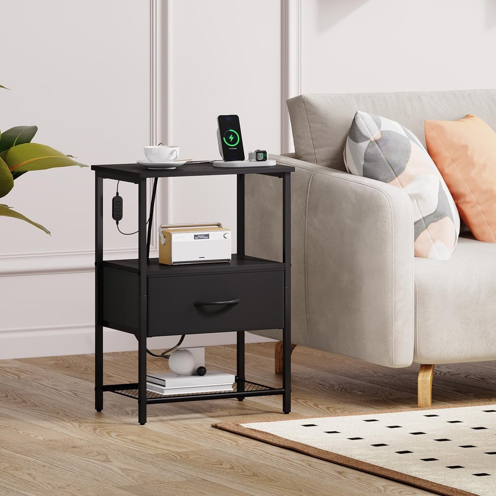 Somdot Nightstand w/Charging Station & LED; Bedside Table