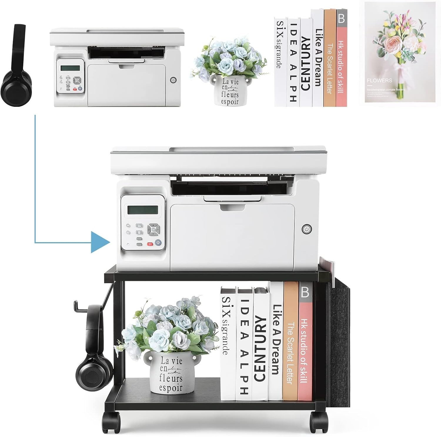 2 Tier Printer Cart w/Wheels Desktop Printer Stand for Office Home Scanner Black