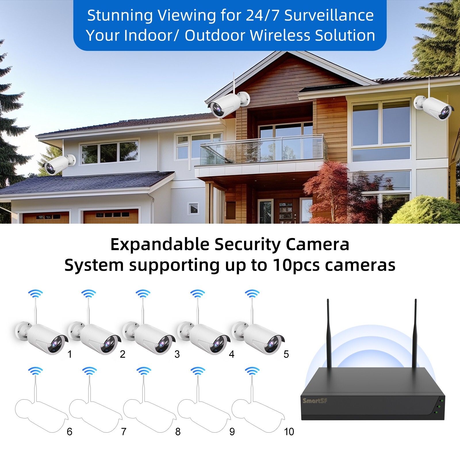 Wireless security camera system Outdoor Audio 10CH H.265+ CCTV Wifi NVR Kit