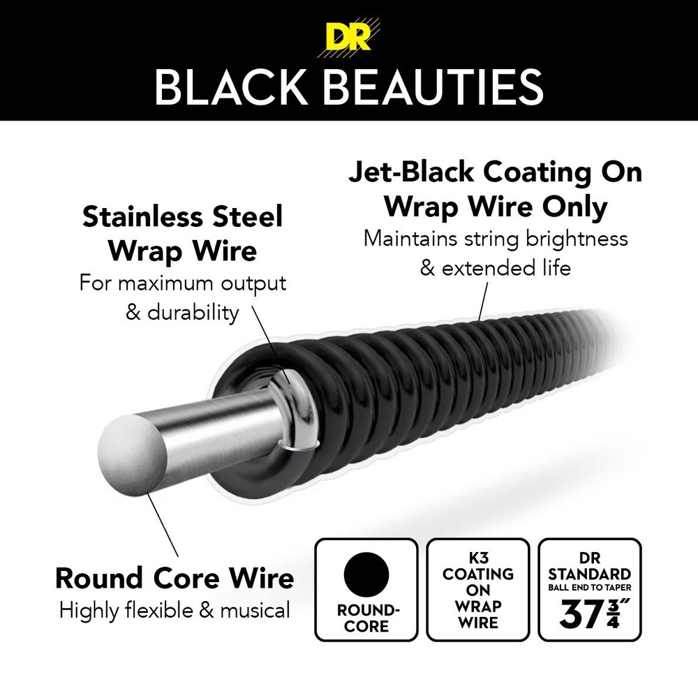 DR Strings BLACK BEAUTIES - BLACK Colored Bass Strings: 5-String Medium 45-125