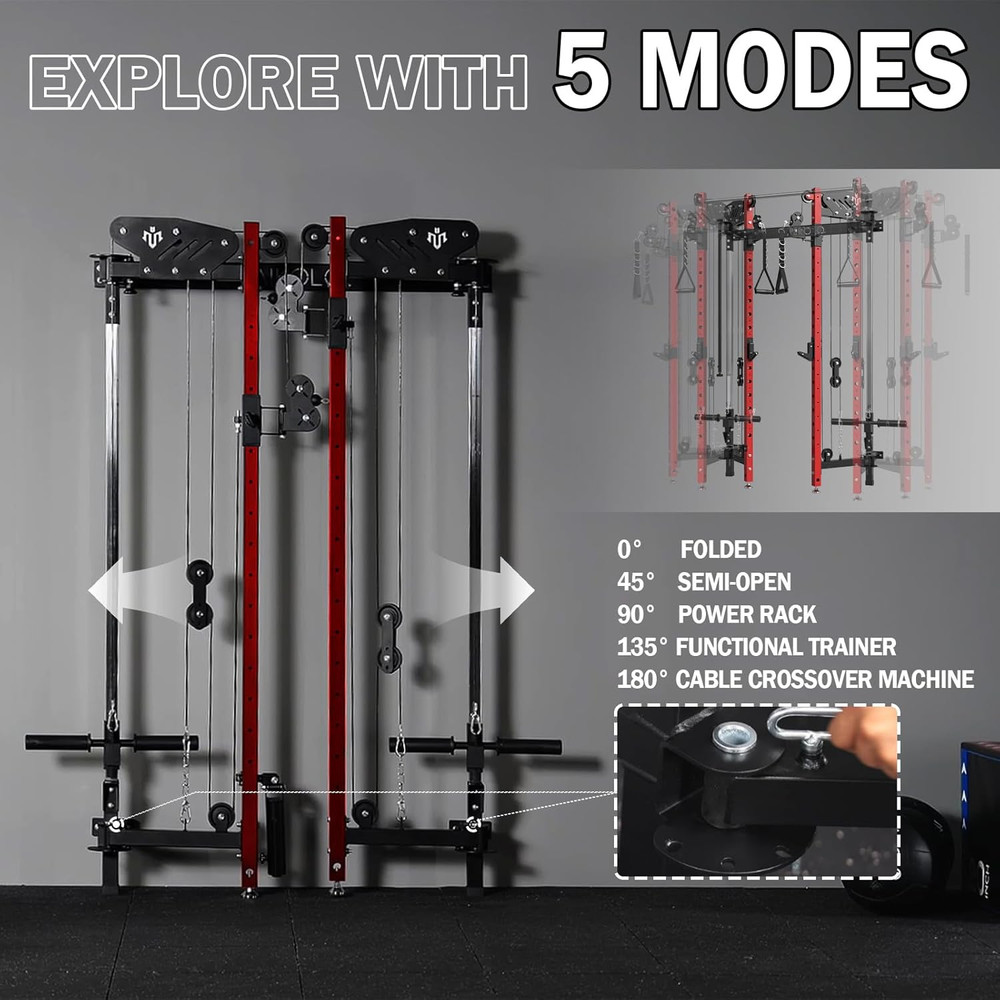Mikolo Folding Squat Rack, Wall Mounted Power Rack with Cable Crossover Machine