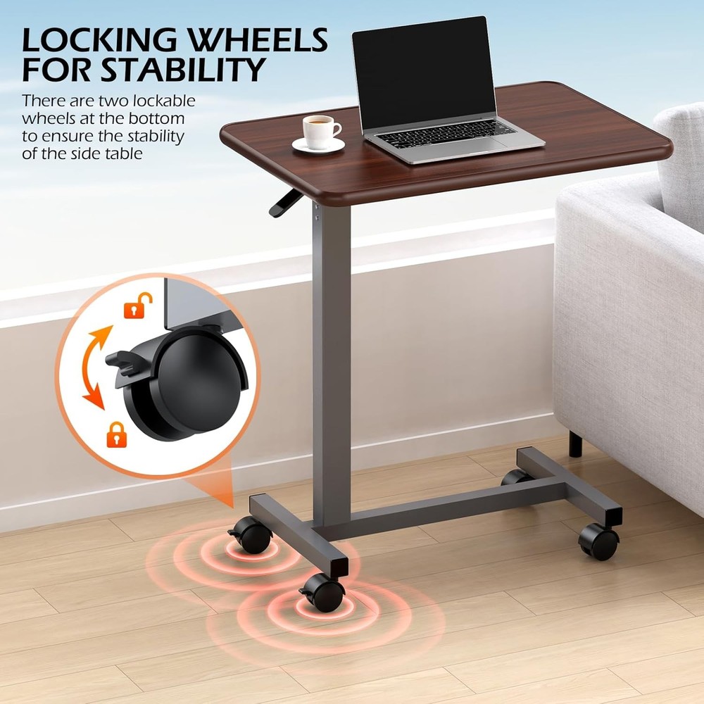 Adjustable Overbed Table with Wheels, Bedside Rolling Table, Pneumatic Height Ad