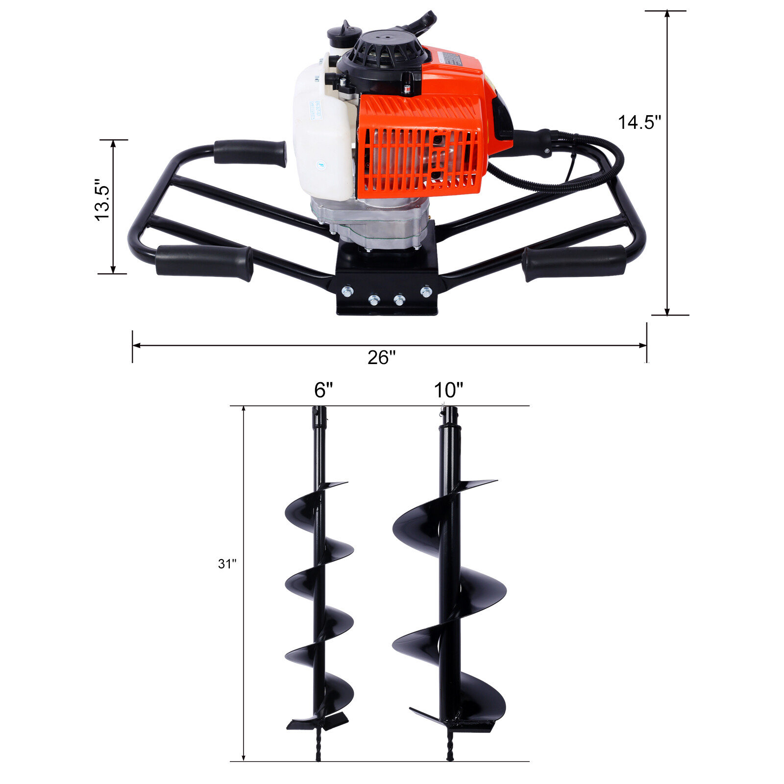 63cc Gas Powered Auger Post Hole Digger 2 Person Handle w/ 6" 10" Drill Bits
