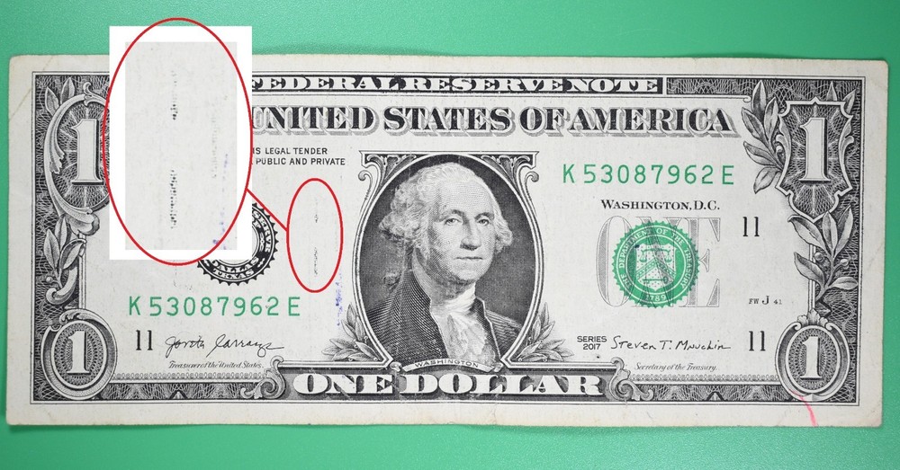 Error US $1 Note INK BLEED THOUGH from Reverse to Obverse 53087962