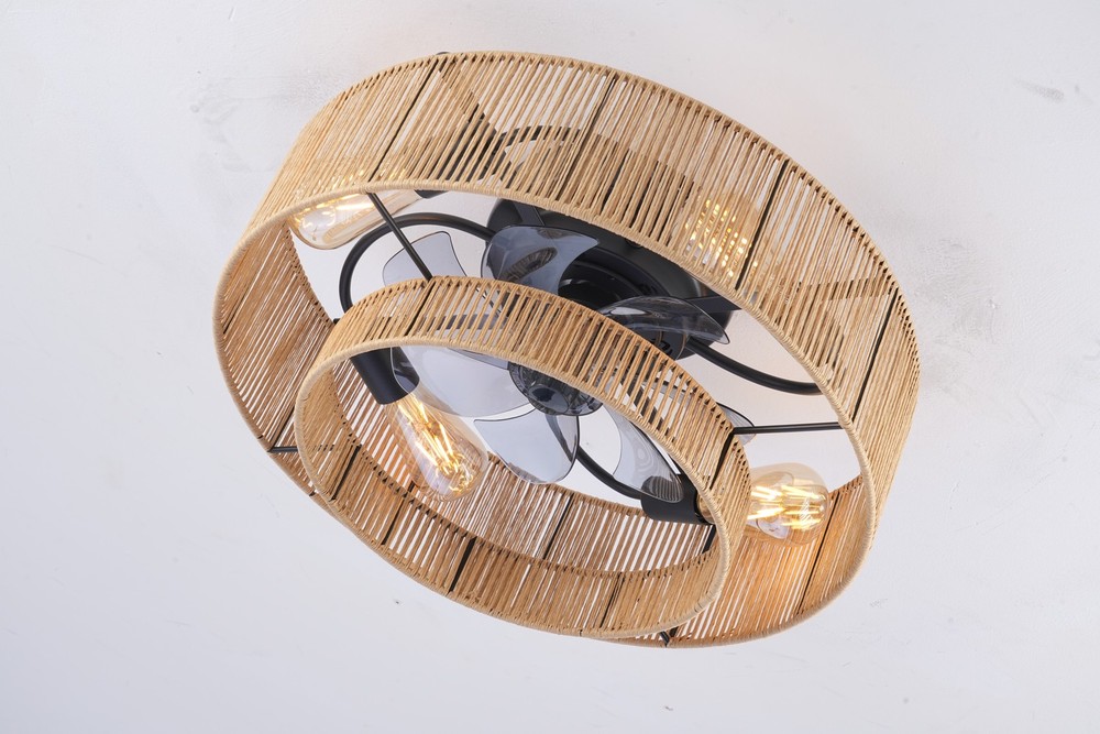 Flush Mount Ceiling Fan with Light & Remote, Matte Black Cage Fan