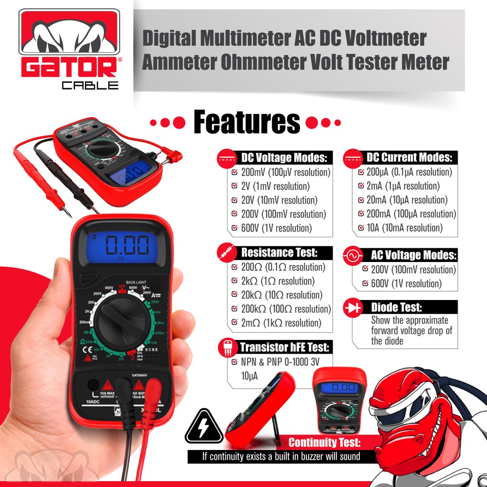 Digital Multimeter AC DC Voltmeter Ammeter Ohmmeter Volt Tester Meter 9V Power
