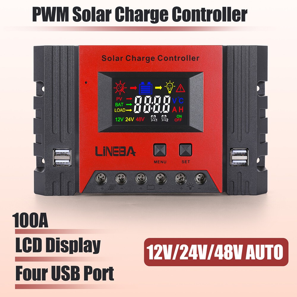 100A Solar Panel Battery Charge Controller 12V/24V/48V LCD Regulator Auto 4USB