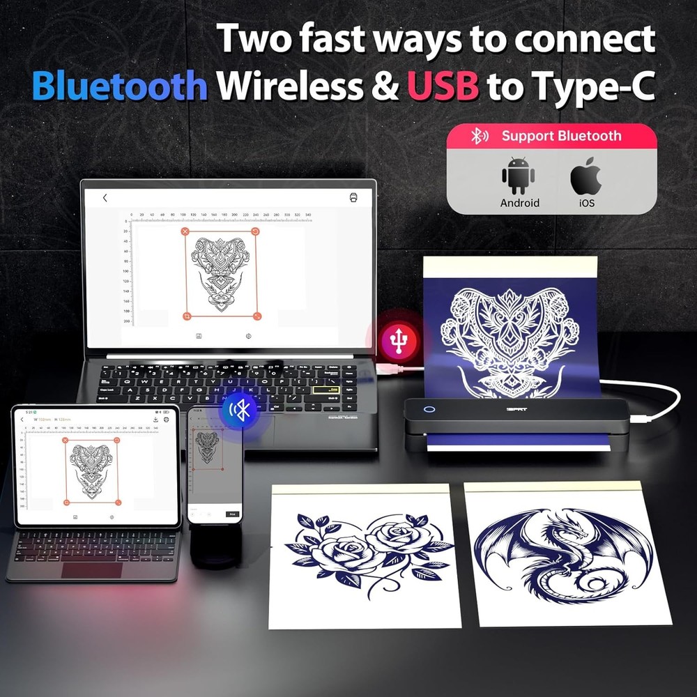 iDPRT Tattoo Stencil Printer,Wireless Thermal Printer with 10pcs Black