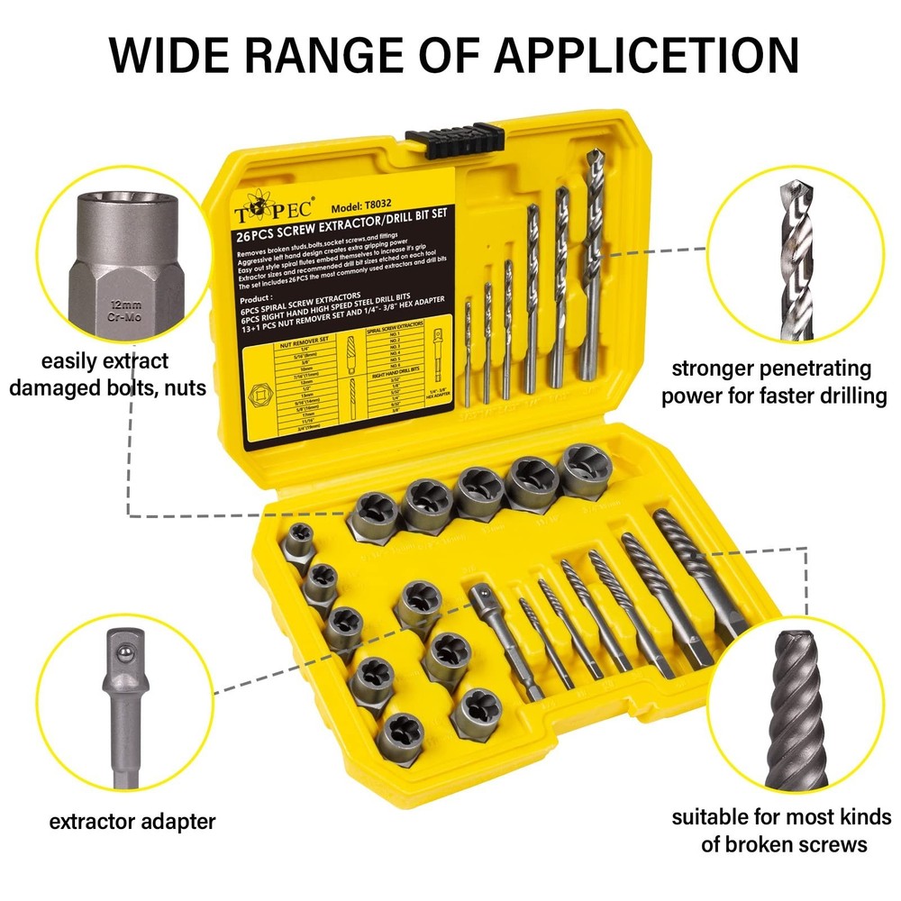 Topec 26Pcs Screw and Bolt Extractor Set, Easy Out Bolt Extractor Socket Set ...