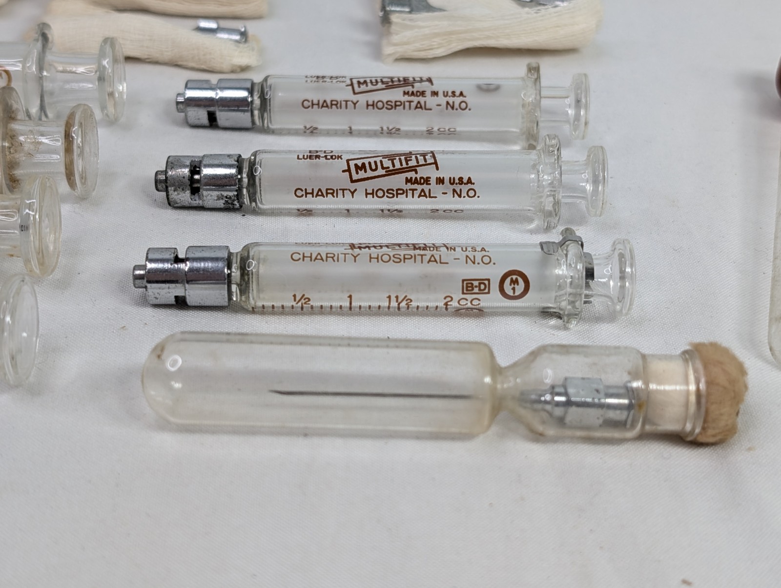 Lot of 7 B-D Luer Lock Multi Fit Glass Hypodermic Syringes NEW ORLEANS HOSPITAL