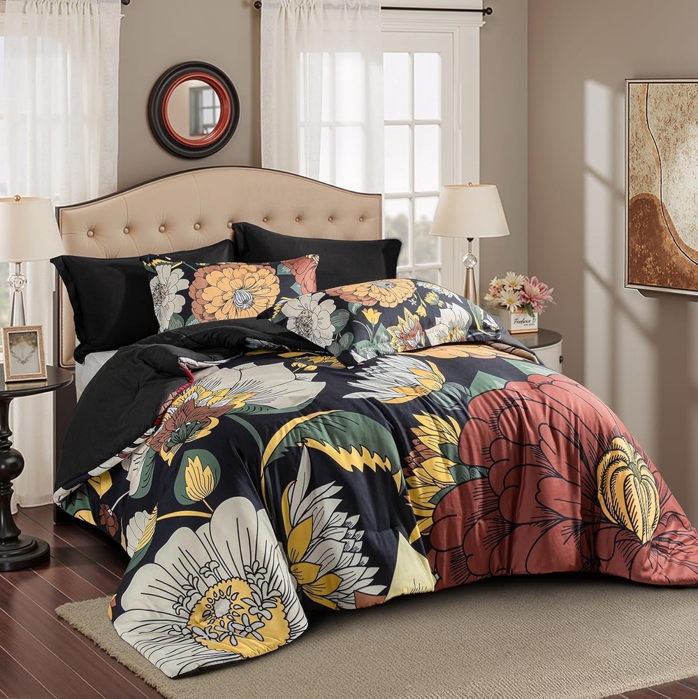 Black Boho Floral King Comforter Set 3Pc Reversible Bedding Set