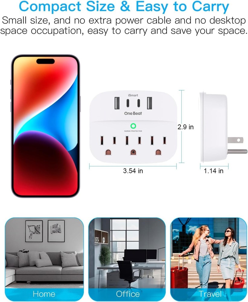 2 Pack Multi Plug Outlet Splitter with USB, Surge Protector, 490 J