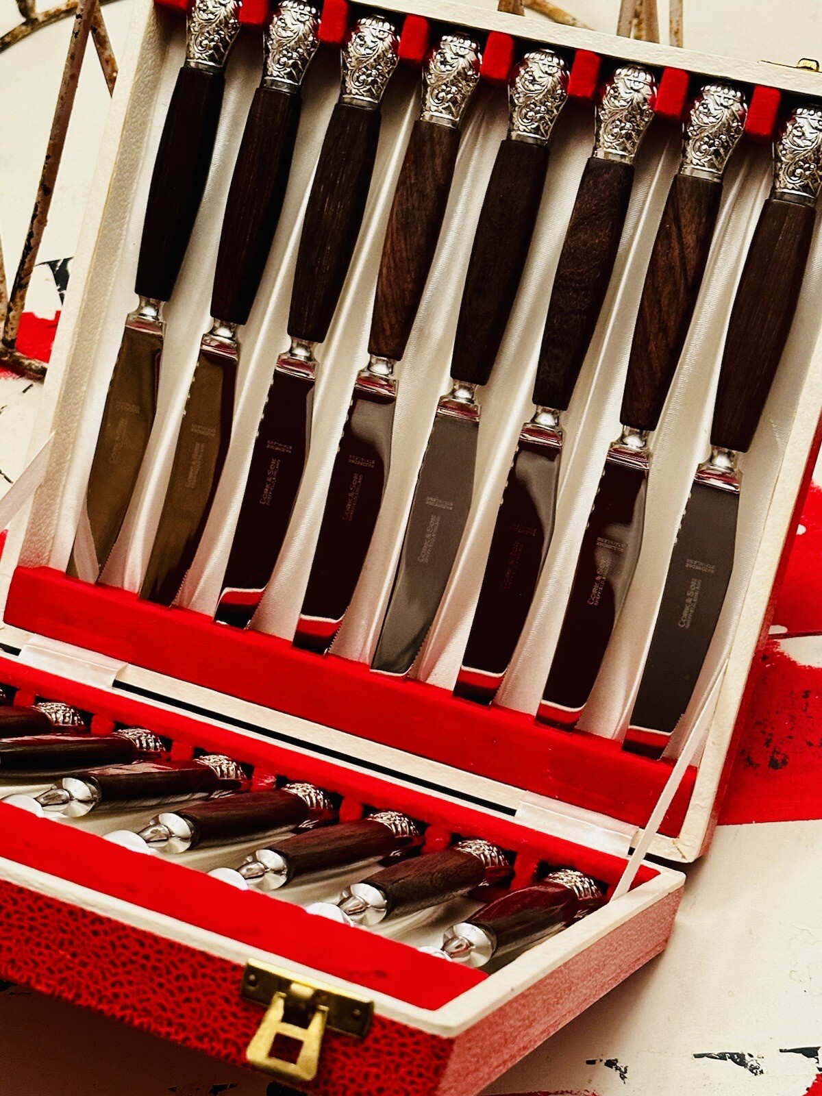 Rare16-PieceCork&Son EnglandKnife/ForkBoxedRosewood Handle/Silver Cap CutlerySet