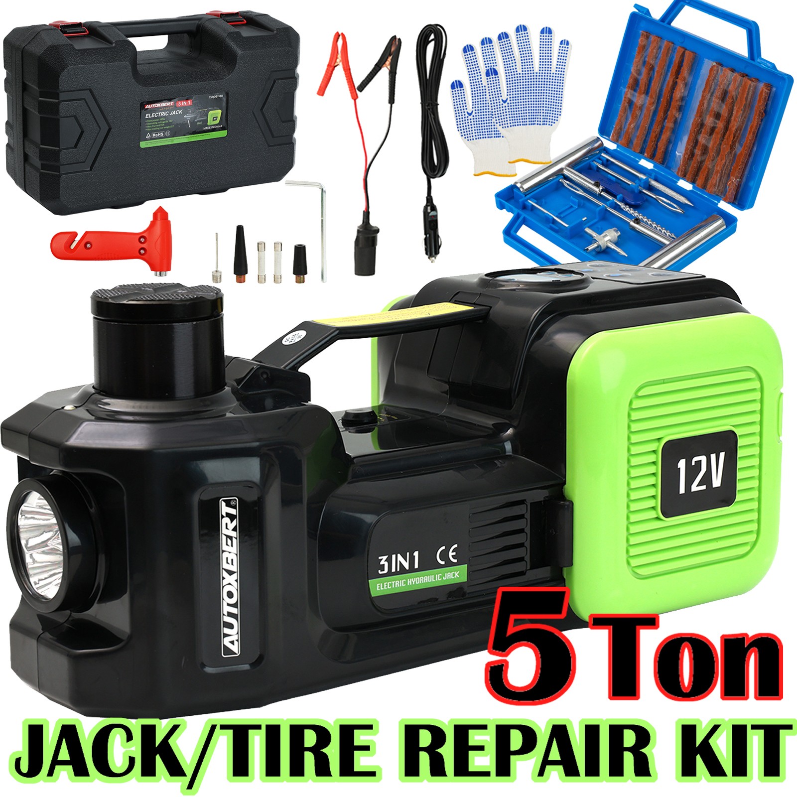 Electric Hydraulic Floor Jack 5 Ton 12V w/ Tire Inflator Air Pump Repair Kit Car