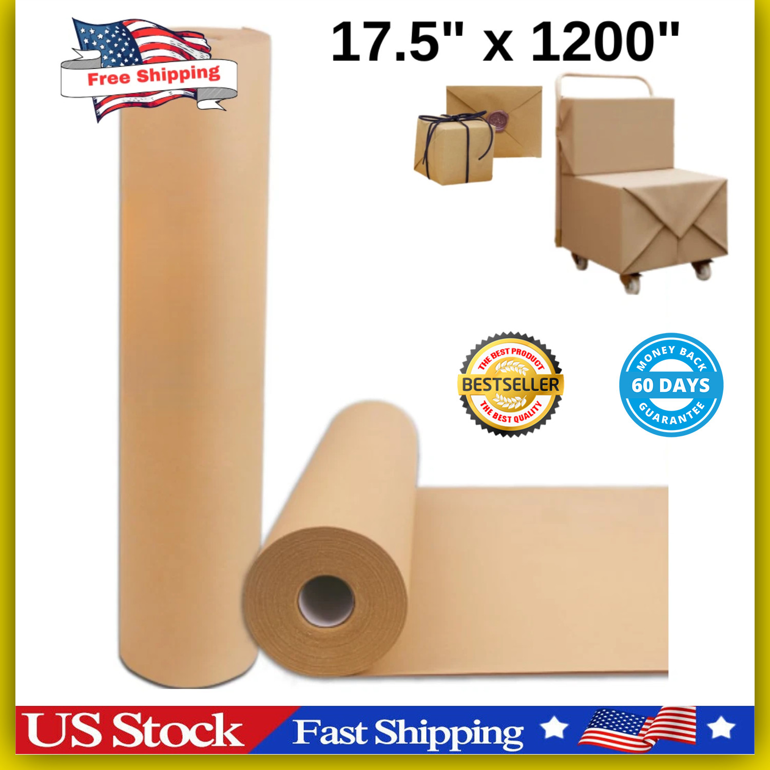 17.5" x 1200'' Brown Kraft Paper 50 lb Basis Thick Roll Packaging Shipping NEW**