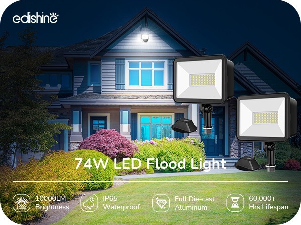 EDISHINE 2-Pack 73W LED Flood Light, Super Bright 10000LM 5000K Outdoor Security