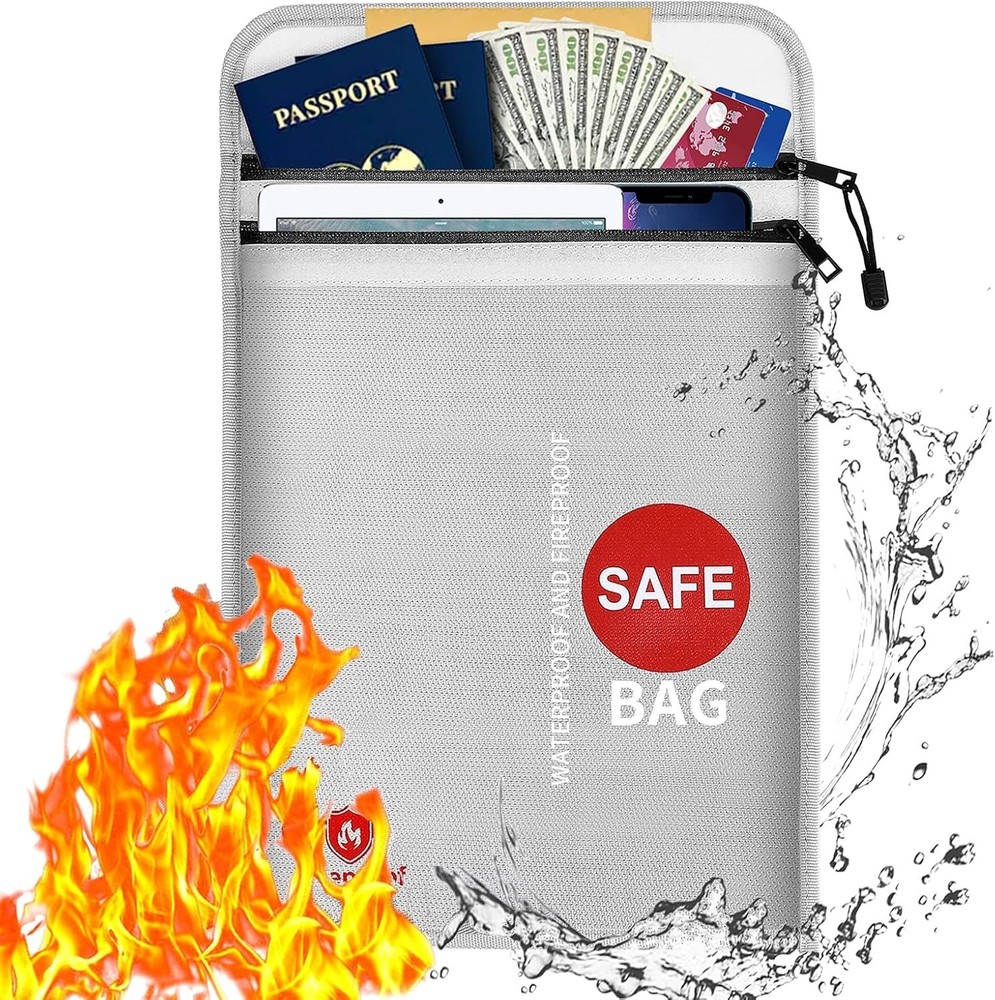 Fireproof Waterproof Bags, Two Pockets Fireproof Document Bag (2000℉) with Zippe