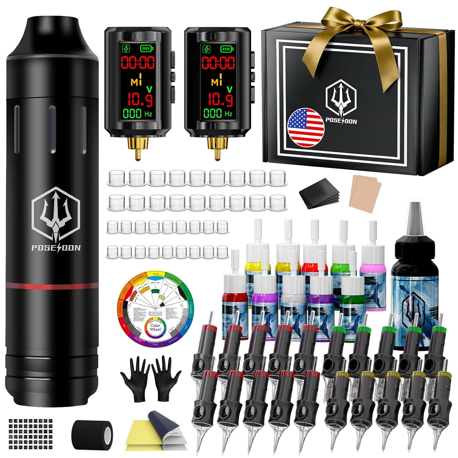 POSEIDON Cordless Tattoo Pen Kit with 2×1600Mah Batteries & Complete Starter Set