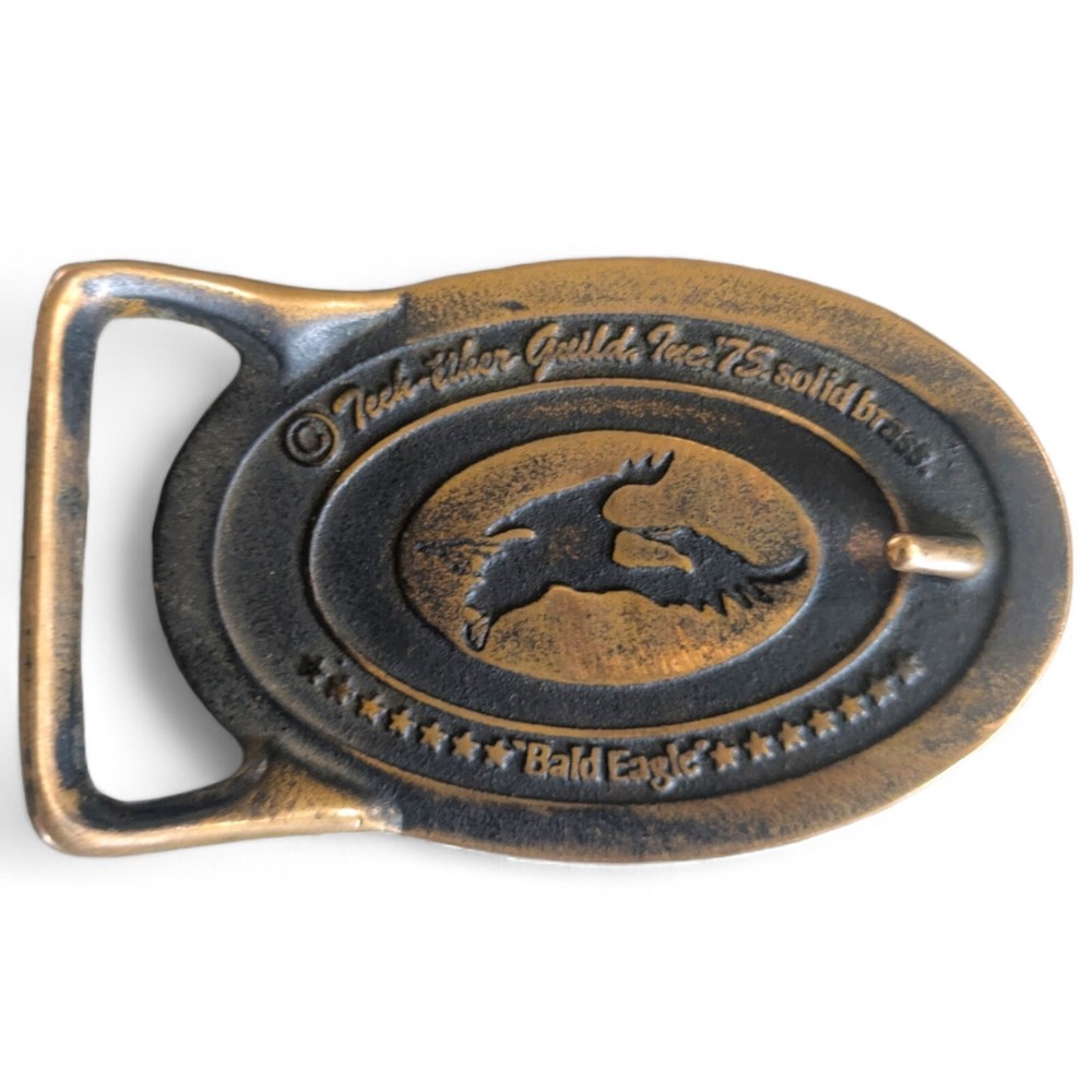 Vintage Tech-Ether Guild Buckle Bald Eagle Embossed Solid Brass Oval Belt Buckle