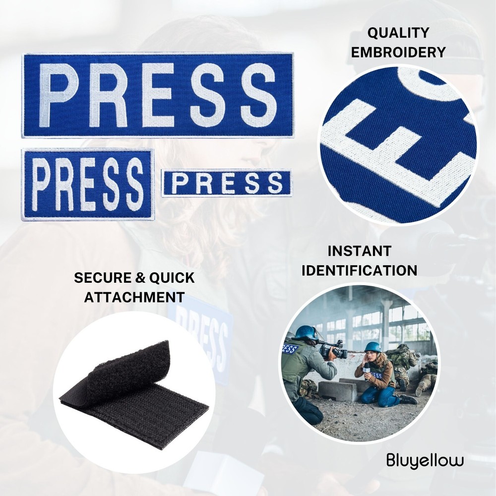 3-Piece Embroidered PRESS Patch for Vests, Jackets, Large & Small, Blue & White