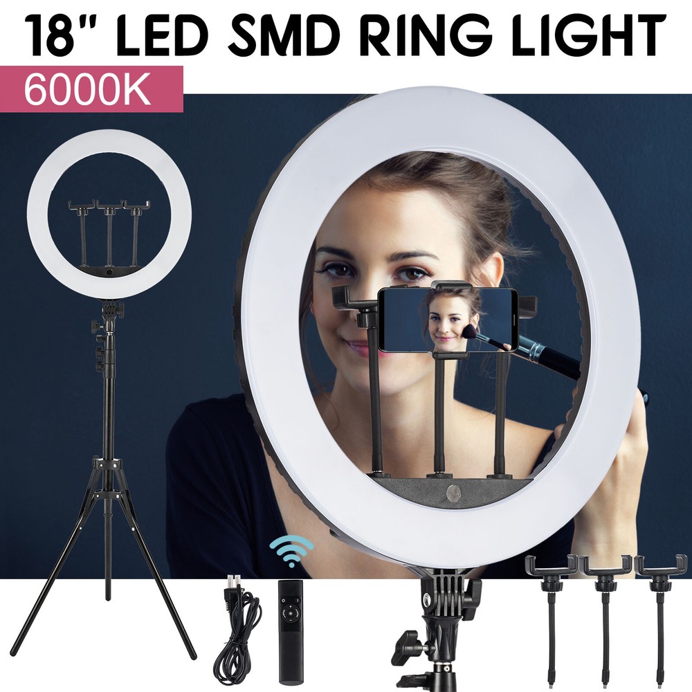 18" LED SMD Ring Light Kit With Stand Dimmable 6500K For Makeup Phone Camera