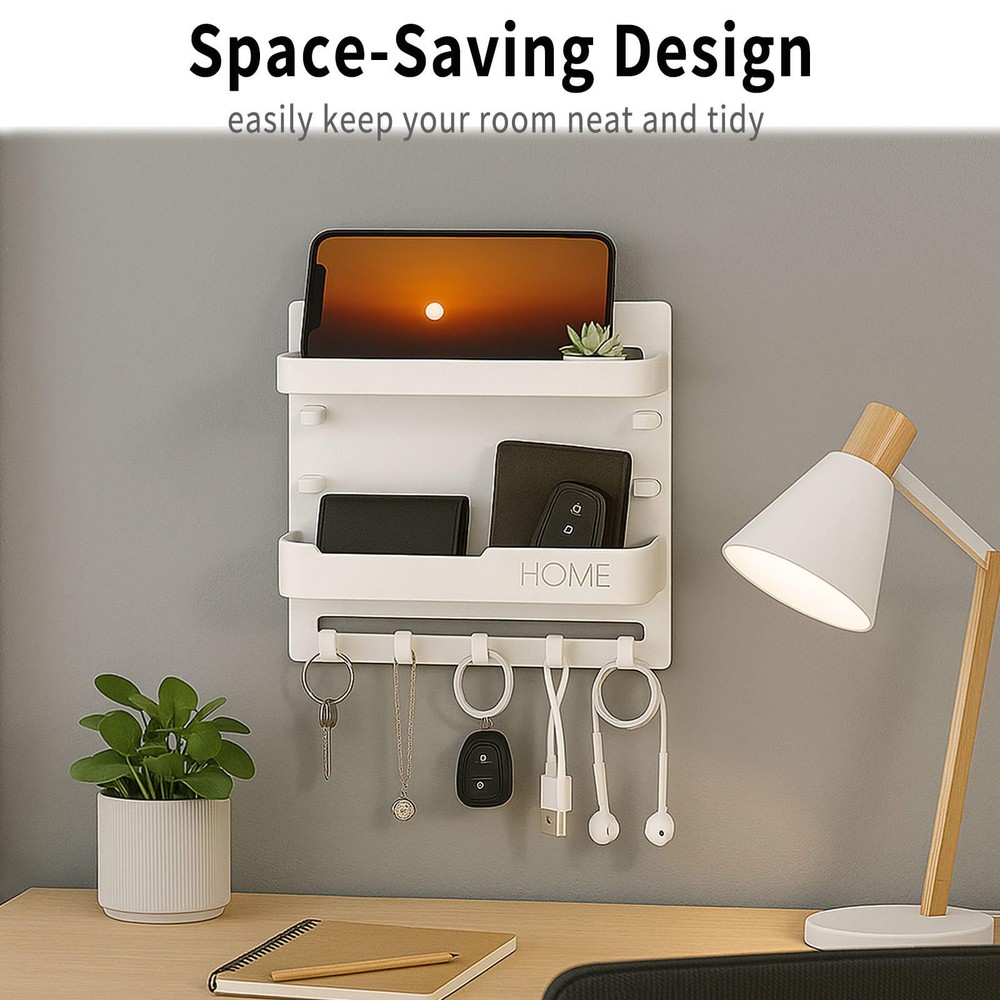 Adhesive Bedside Wall Shelf Organizer 5 Hooks Cable Clips Storage Black