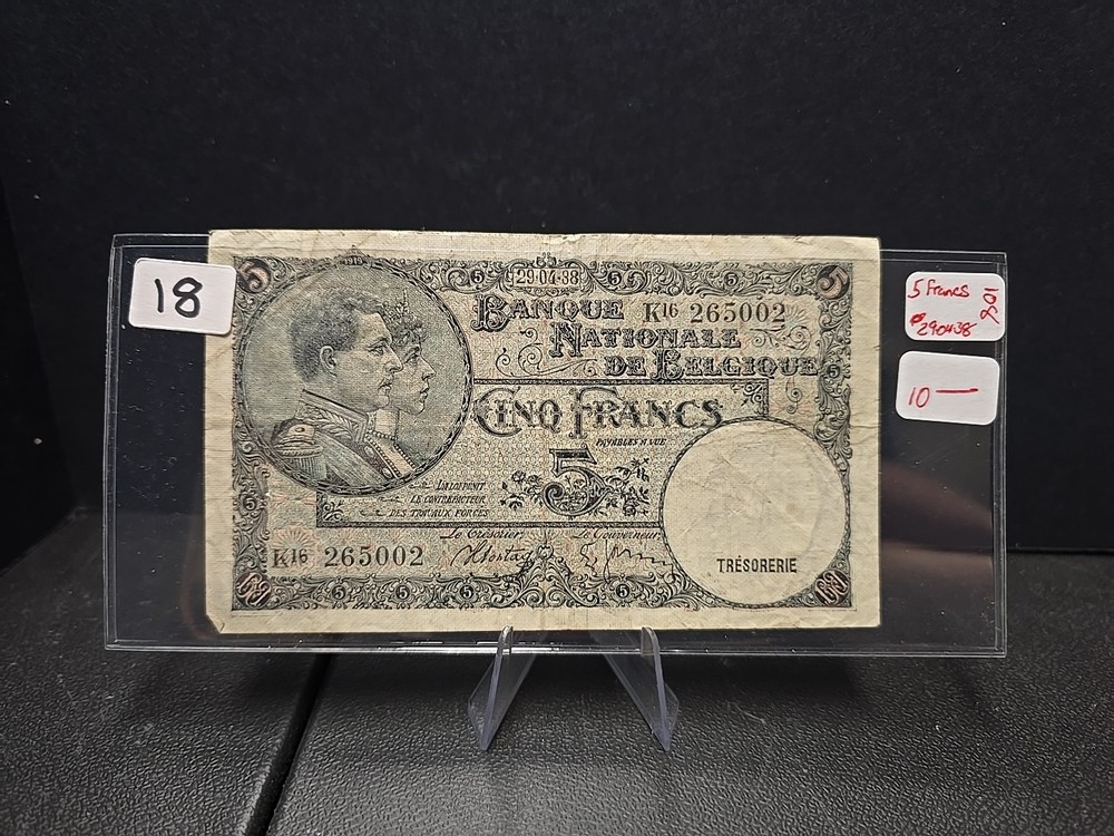 1938 BELGIUM 5 CINQ FRANCS - Vintage Note