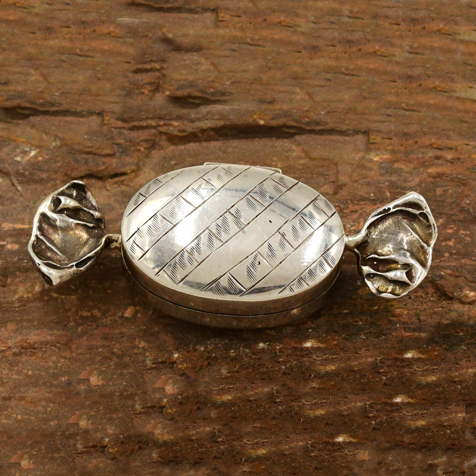 Sterling Silver 925 Stripped Candy Wrapper Hinged Storage Pill Box