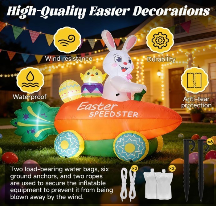 Inflatable Easter Bunny with Carrot Car and Easter Eggs, 6FT Easter Inflatables