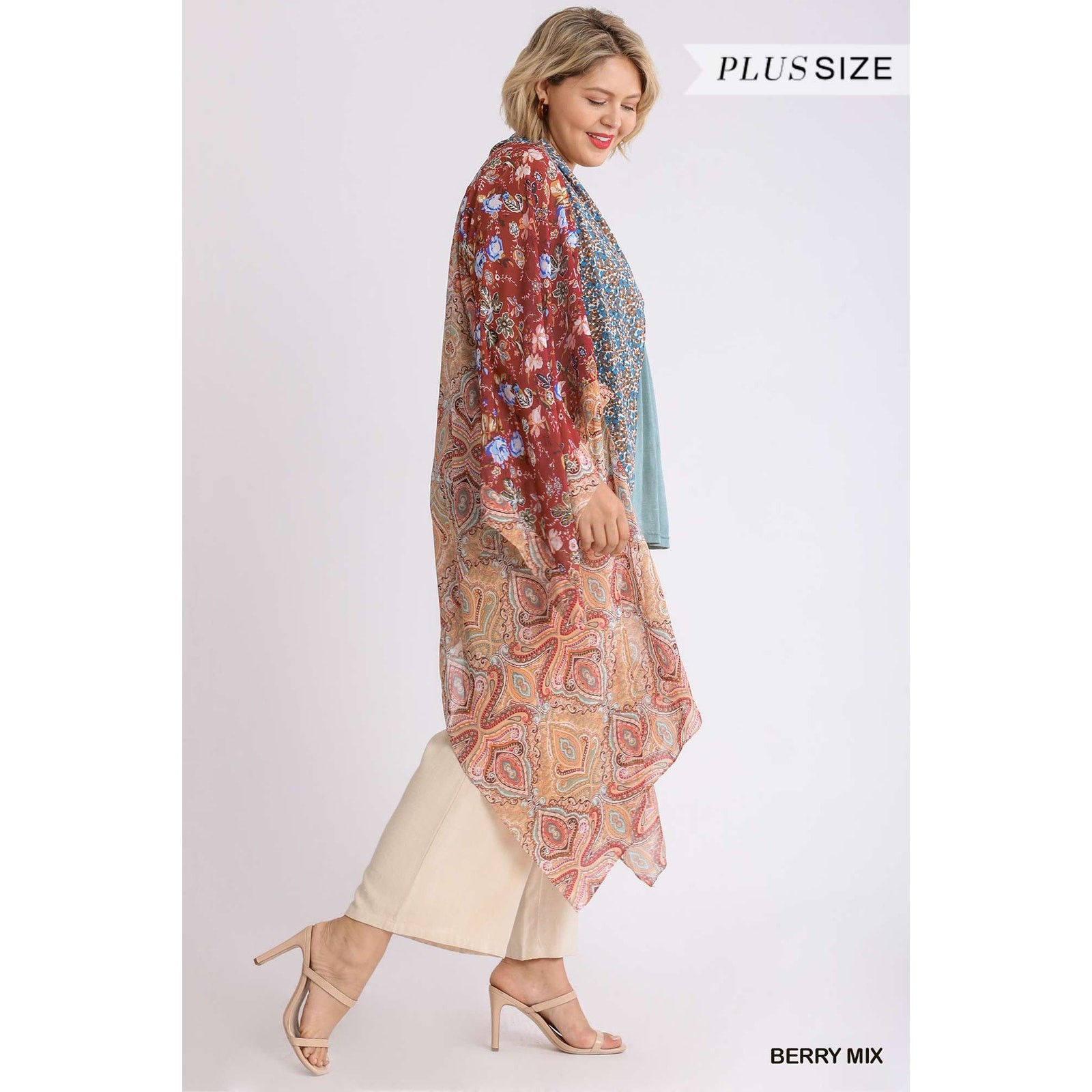 Umgee Sheer Long Paisley Floral Boho Kimono in Berry Mix Plus Size 1XL/2XL
