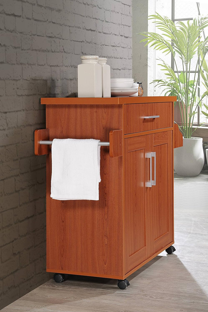 Kitchen Island with Spice Rack, Towel Rack & Drawer, Cherry