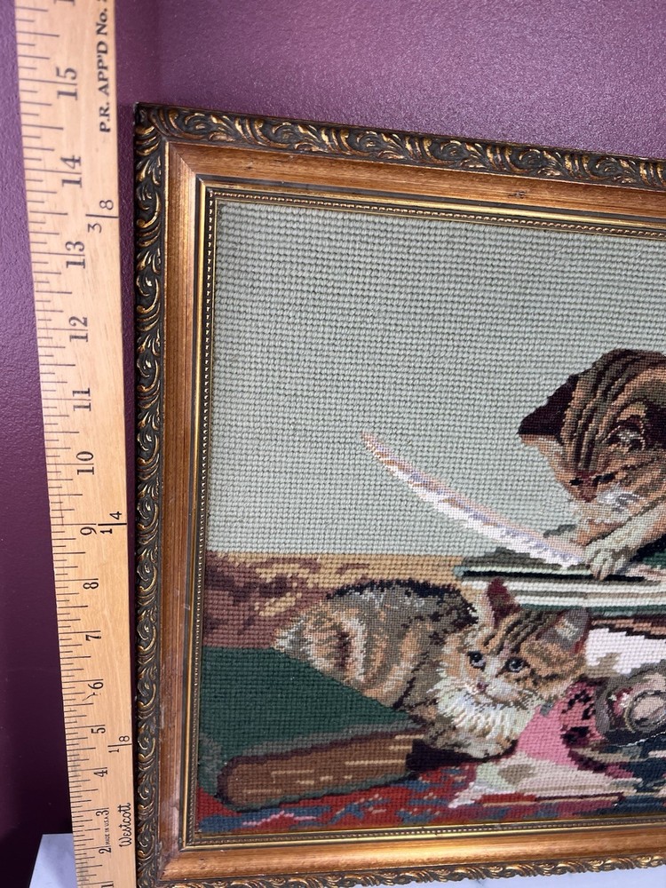 VTG Framed Needlepoint Embroidery Cats Art