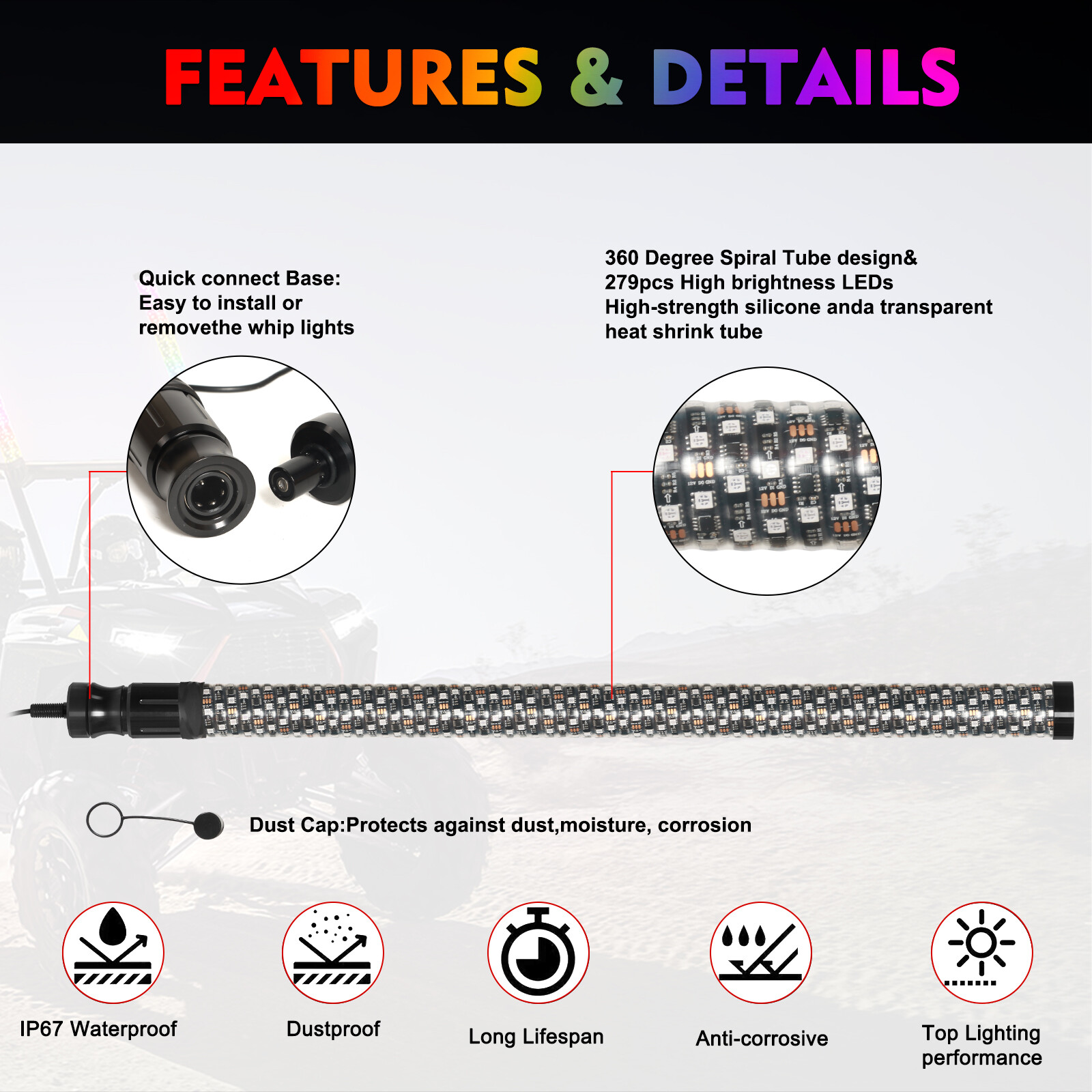 2x 3FT Thick LED Whip Spiral Chasing RGB Fat Whip Lights For Can Am Polaris RZR