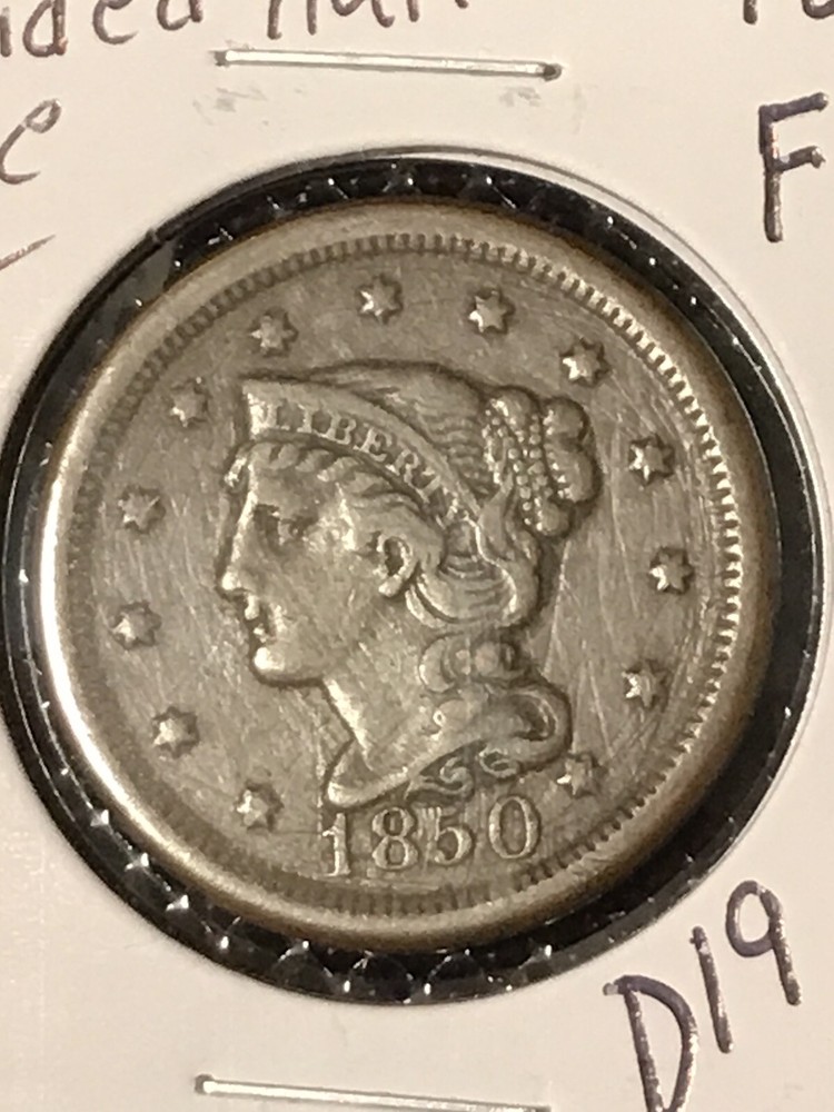 1850 Braided Hair Cent F+